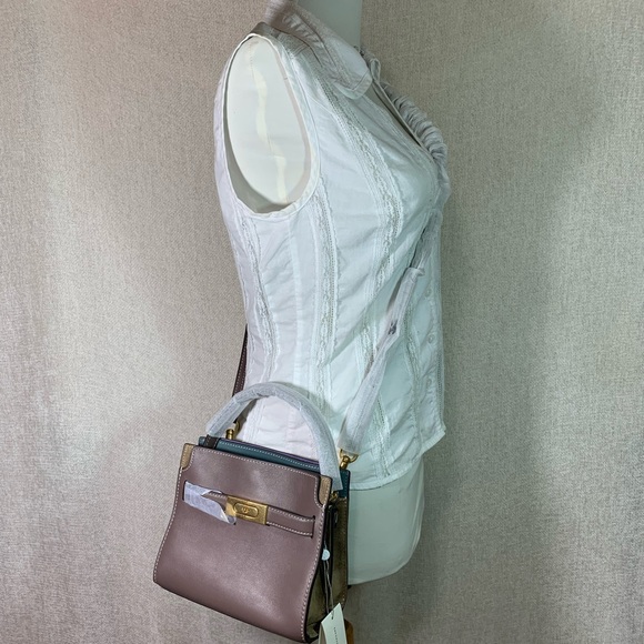 NEW Tory Burch Lee Radziwill Petite Double Clam Shell Taupe Leather Shoulder Bag - Picture 15 of 15